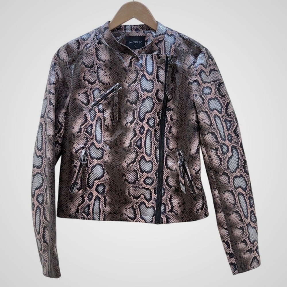 Dolce Cabo Snake Print Pink Moto Biker Jacket Full Zip Faux Leather Womens‎ M